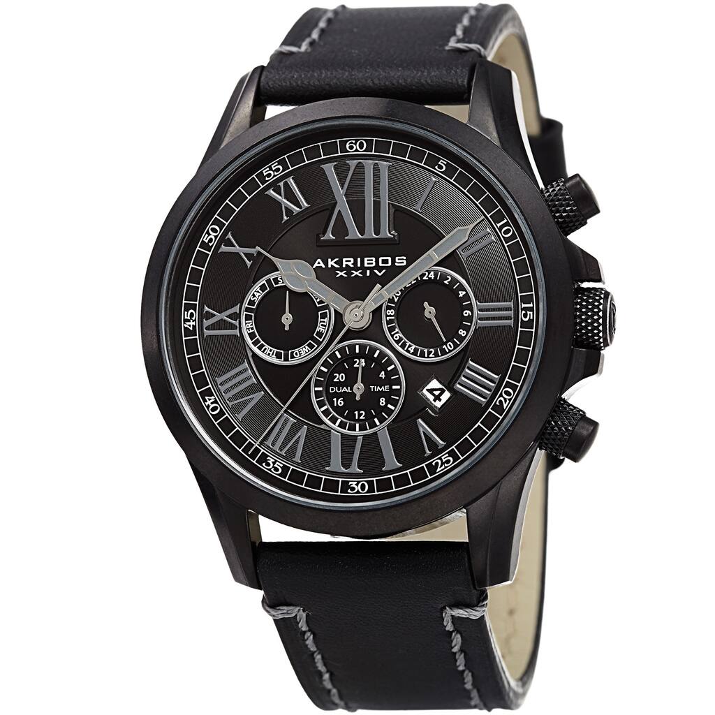 Akribos XXIV Men's Quartz Dual-time Multifunctional Leather Black Strap Watch