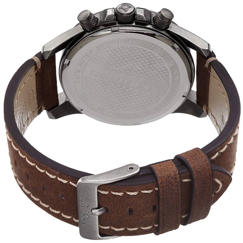 Akribos XXIV Men's Quartz Dual-time Multifunctional Leather Silver-Tone Strap Watch - brown