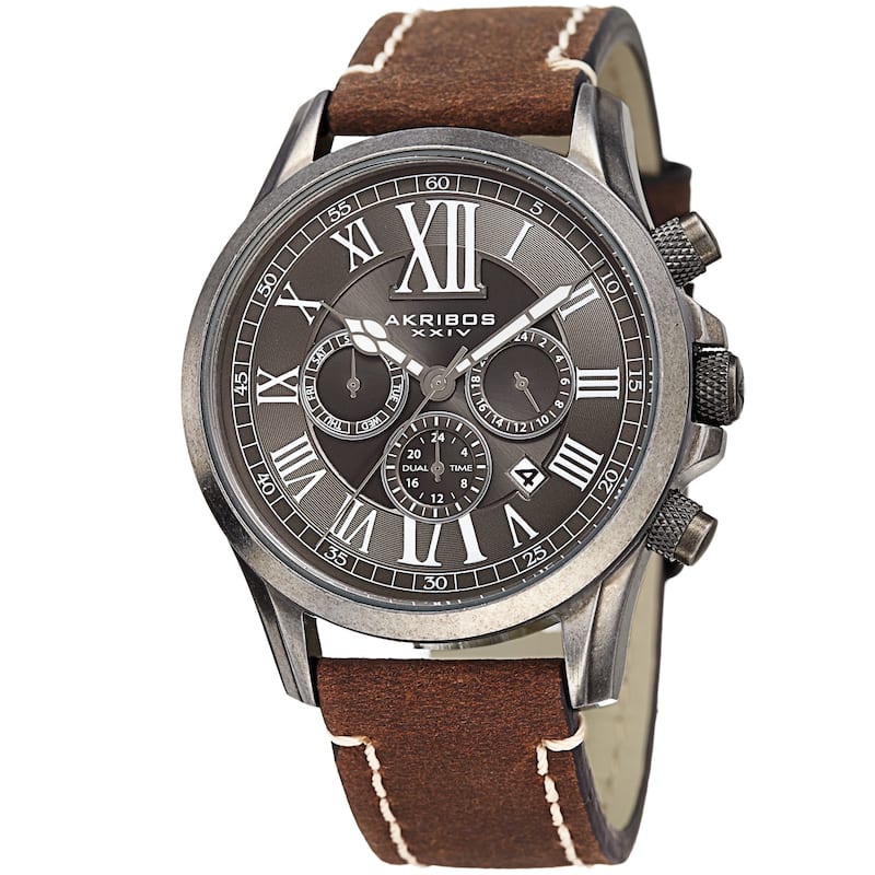 Akribos XXIV Men's Quartz Dual-time Multifunctional Leather Silver-Tone Strap Watch - brown