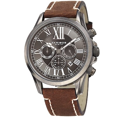 Akribos XXIV Men's Quartz Dual-time Multifunctional Leather Silver-Tone Strap Watch - brown