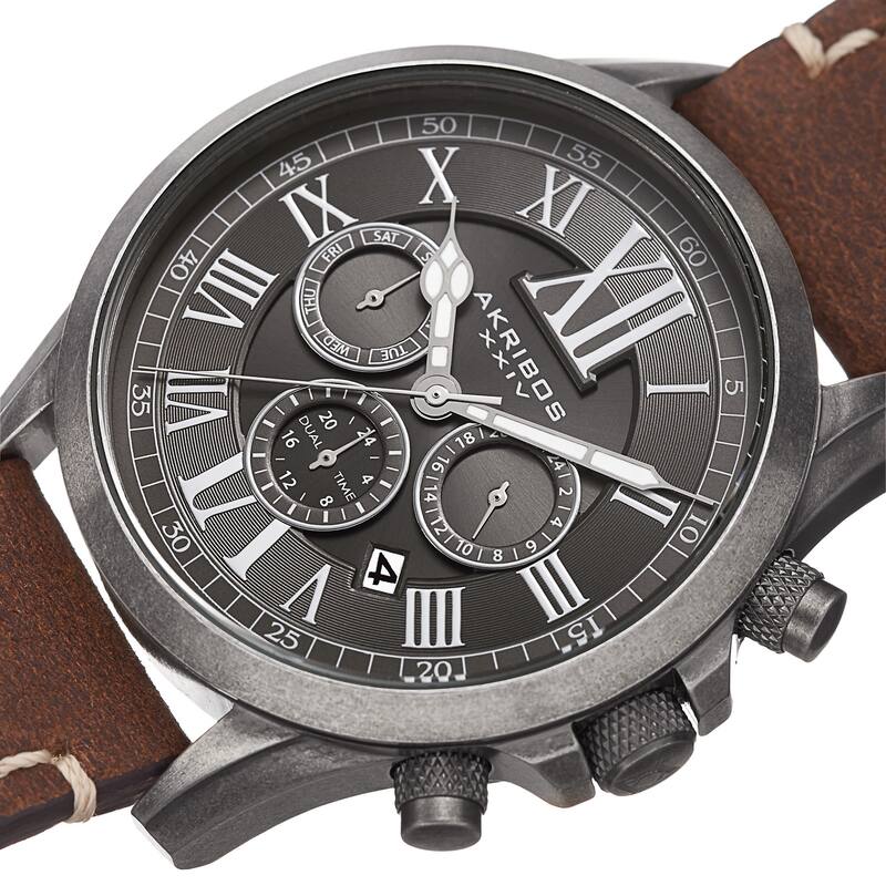 Akribos XXIV Men's Quartz Dual-time Multifunctional Leather Silver-Tone Strap Watch - brown