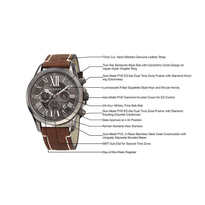 Akribos XXIV Men's Quartz Dual-time Multifunctional Leather Silver-Tone Strap Watch - brown