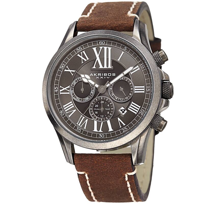 Akribos XXIV Men's Quartz Dual-time Multifunctional Leather Silver-Tone Strap Watch - brown