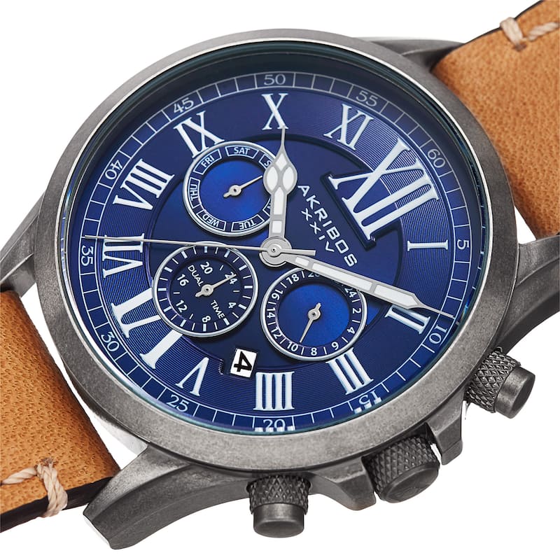 Akribos XXIV Men's Quartz Dual-time Multifunctional Leather Silver-Tone Strap Watch - BLue