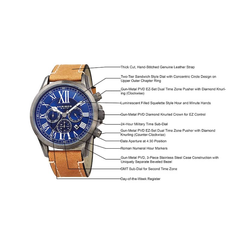 Akribos XXIV Men's Quartz Dual-time Multifunctional Leather Silver-Tone Strap Watch - BLue