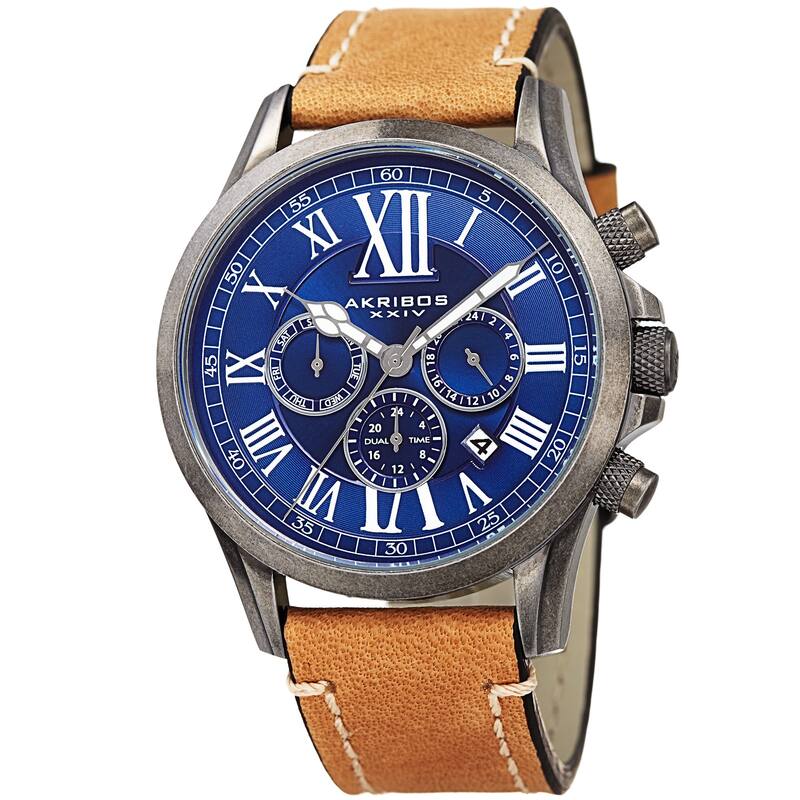 Akribos XXIV Men's Quartz Dual-time Multifunctional Leather Silver-Tone Strap Watch - BLue