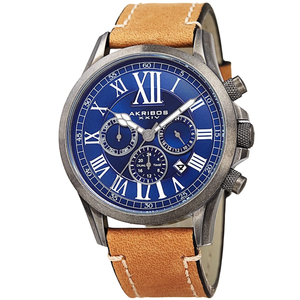 Akribos XXIV Men's Quartz Dual-time Multifunctional Leather Silver-Tone Strap Watch - BLue