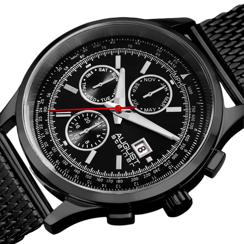 August Steiner Men's Swiss Quartz Dual-Time Multifunction Stainless Steel Mesh Black Bracelet Watch