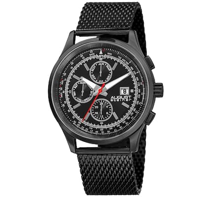 August Steiner Men's Swiss Quartz Dual-Time Multifunction Stainless Steel Mesh Black Bracelet Watch