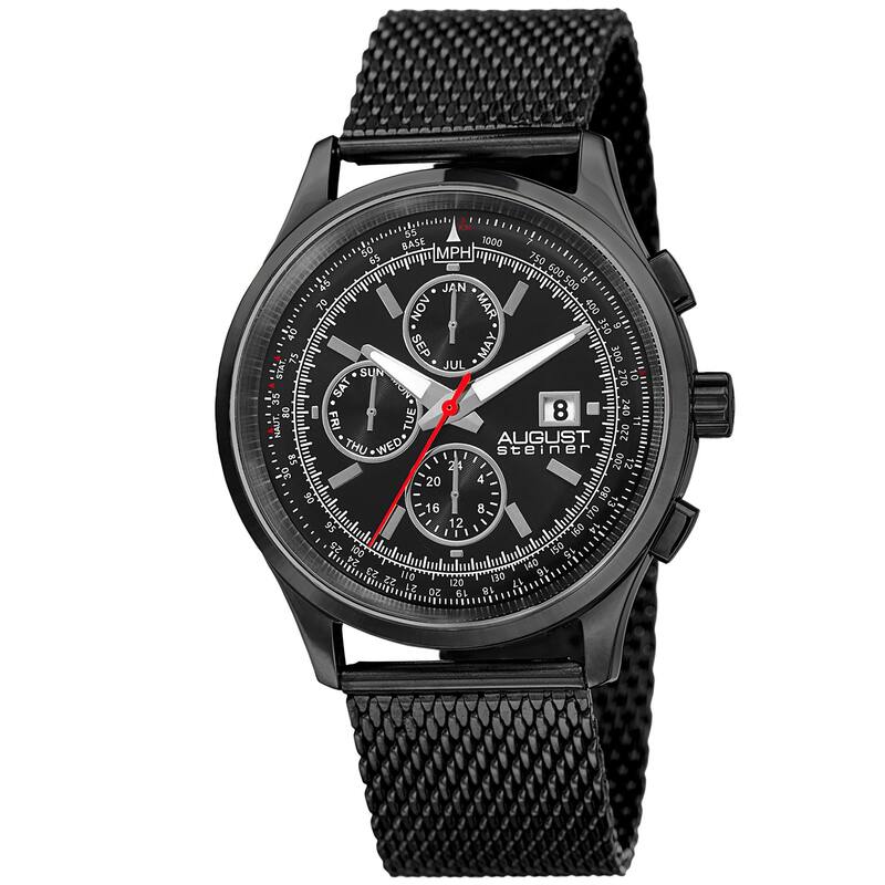 August Steiner Men's Swiss Quartz Dual-Time Multifunction Stainless Steel Mesh Black Bracelet Watch