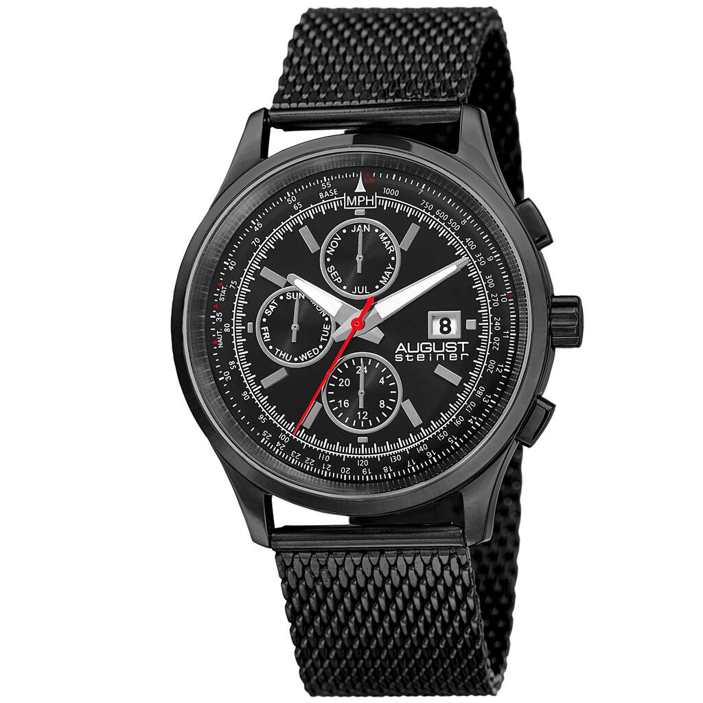 August Steiner Men's Swiss Quartz Dual-Time Multifunction Stainless Steel Mesh Black Bracelet Watch