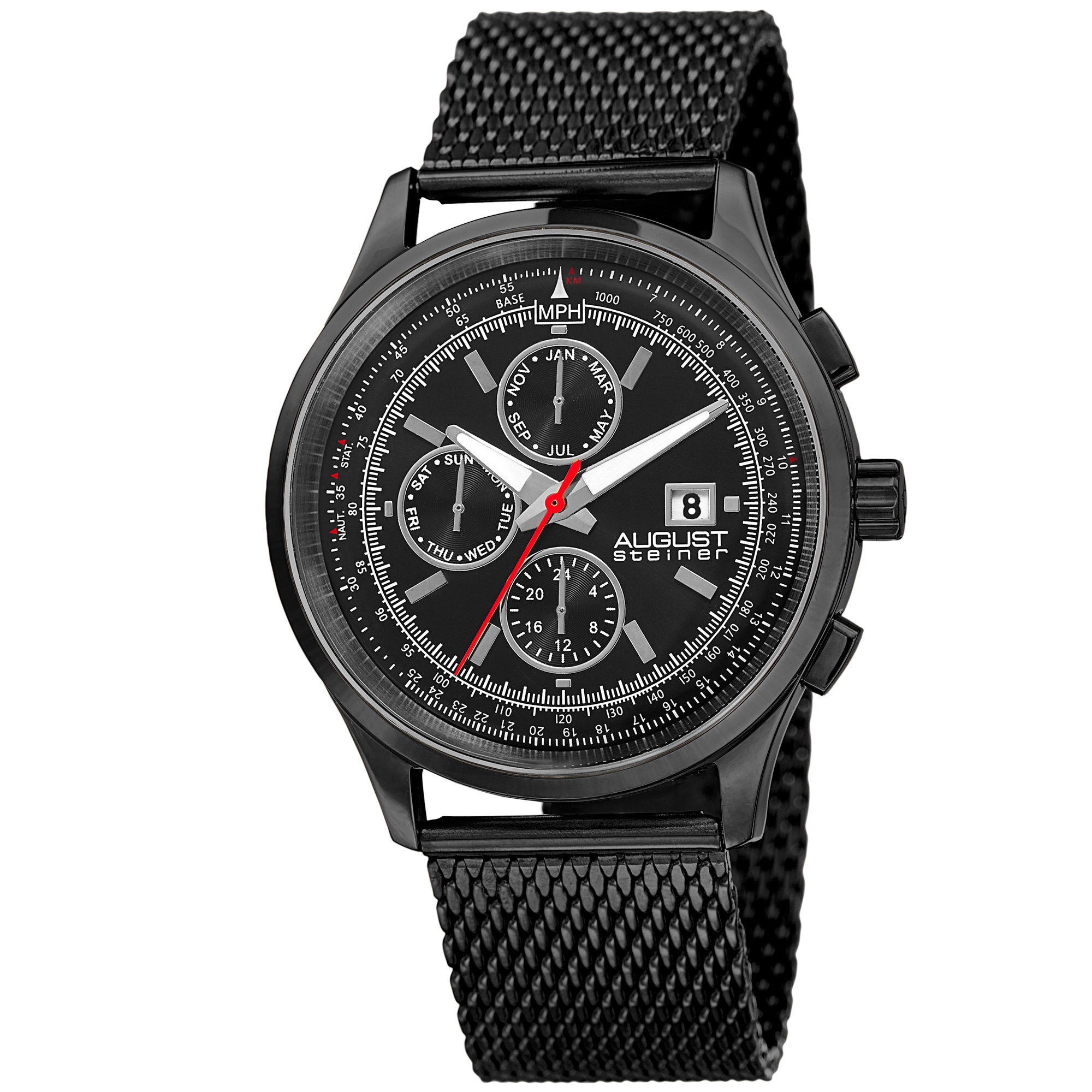 August Steiner Men's Swiss Quartz Dual-Time Multifunction Stainless Steel Mesh Black Bracelet Watch