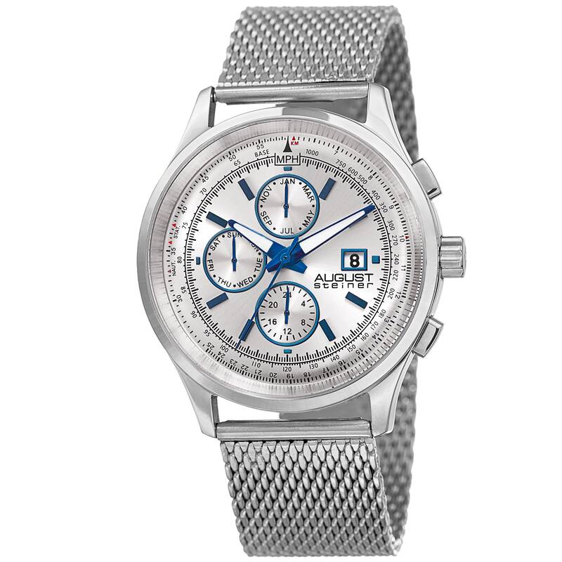 August Steiner Men's Swiss Quartz Dual-Time Multifunction Stainless Steel Mesh Silver-Tone Bracelet Watch - silver