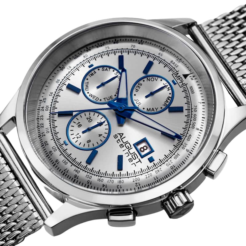 August Steiner Men's Swiss Quartz Dual-Time Multifunction Stainless Steel Mesh Silver-Tone Bracelet Watch - silver