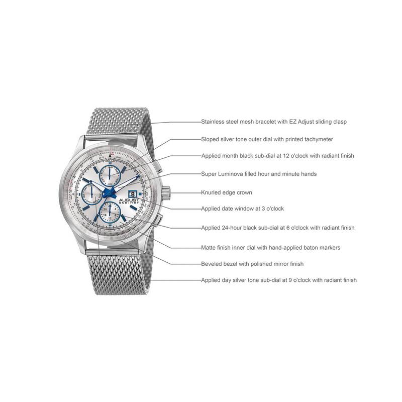 August Steiner Men's Swiss Quartz Dual-Time Multifunction Stainless Steel Mesh Silver-Tone Bracelet Watch - silver
