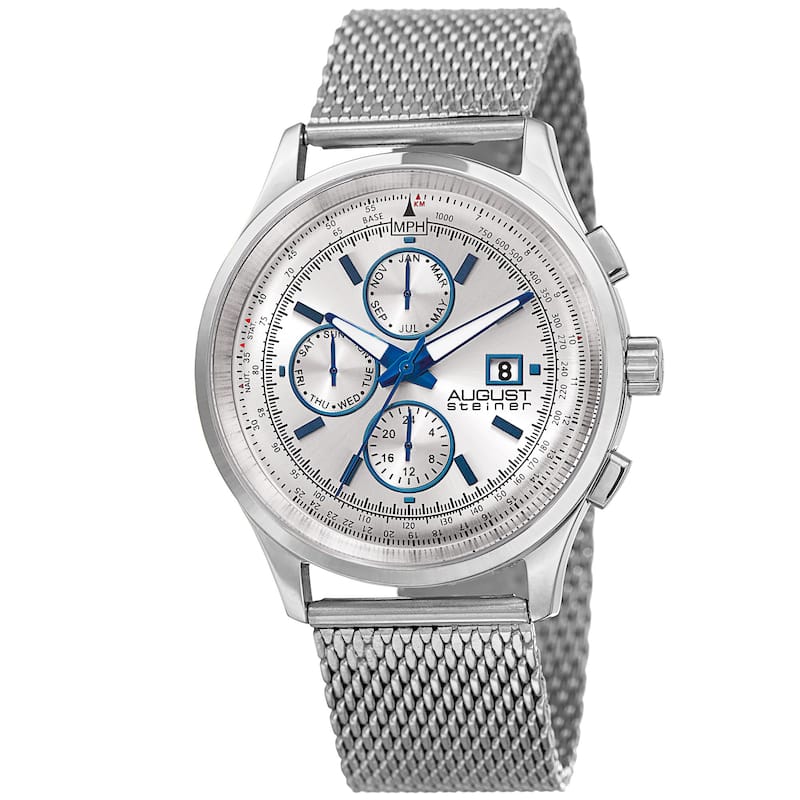 August Steiner Men's Swiss Quartz Dual-Time Multifunction Stainless Steel Mesh Silver-Tone Bracelet Watch - silver