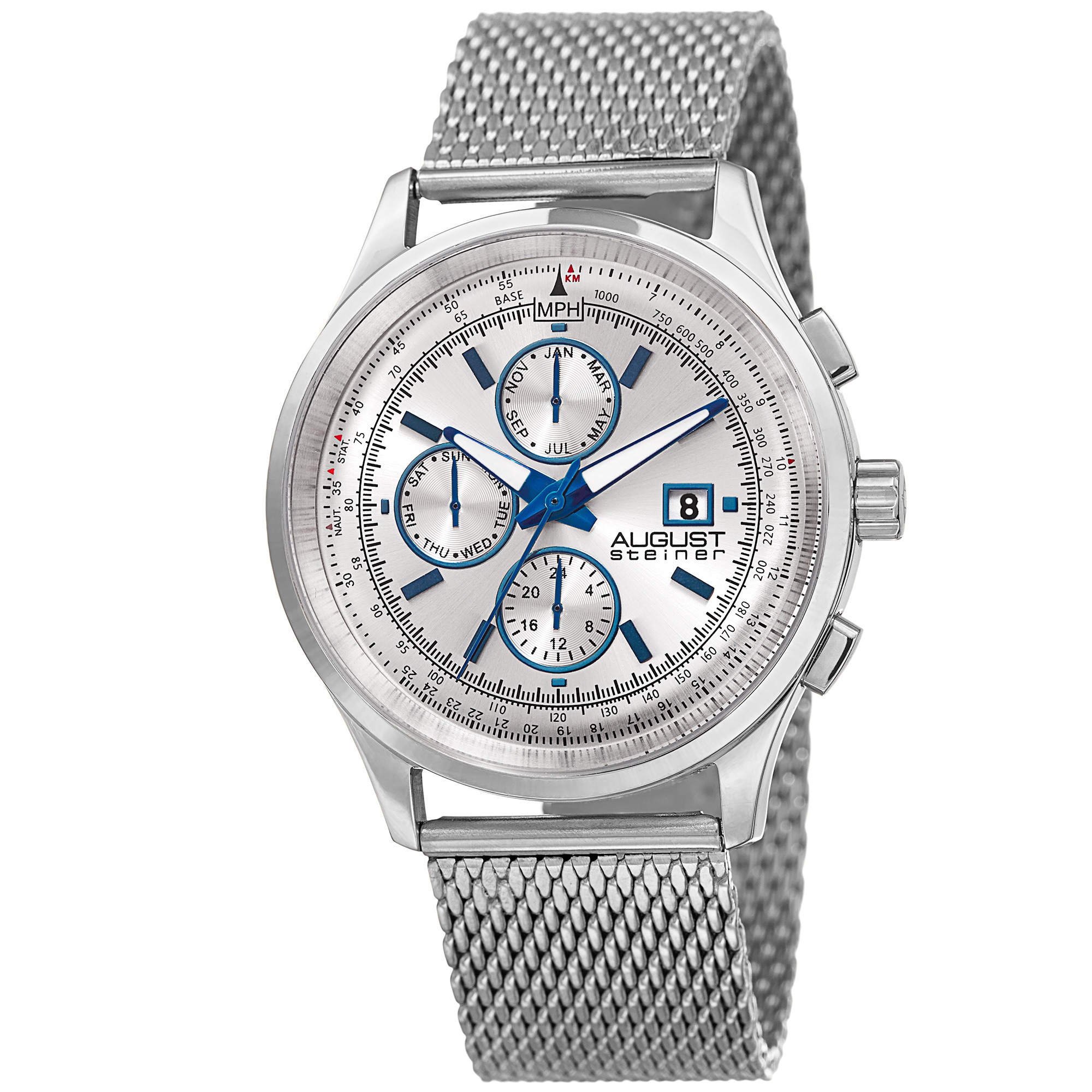 August Steiner Men's Swiss Quartz Dual-Time Multifunction Stainless Steel Mesh Silver-Tone Bracelet Watch - silver