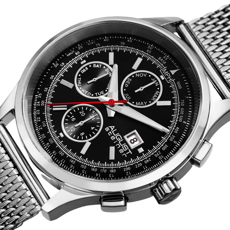 August Steiner Men's Swiss Quartz Dual-Time Multifunction Stainless Steel Mesh Silver-Tone Bracelet Watch - silver