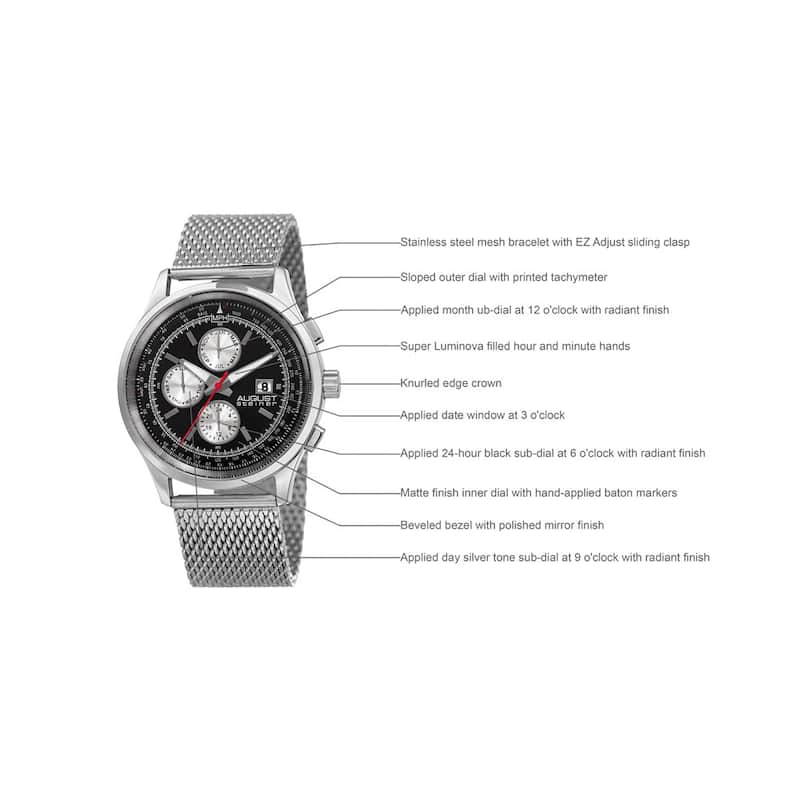 August Steiner Men's Swiss Quartz Dual-Time Multifunction Stainless Steel Mesh Silver-Tone Bracelet Watch - silver