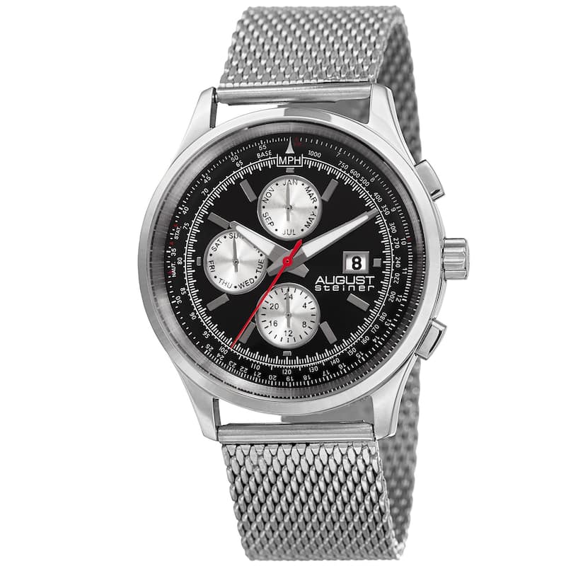 August Steiner Men's Swiss Quartz Dual-Time Multifunction Stainless Steel Mesh Silver-Tone Bracelet Watch - silver