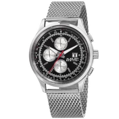 August Steiner Men's Swiss Quartz Dual-Time Multifunction Stainless Steel Mesh Silver-Tone Bracelet Watch - silver