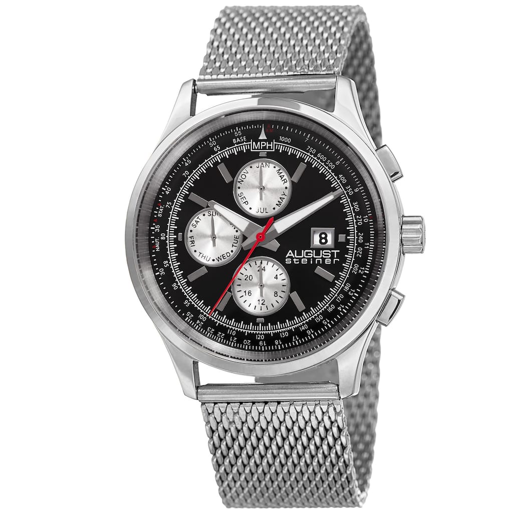 August Steiner Men's Swiss Quartz Dual-Time Multifunction Stainless Steel Mesh Silver-Tone Bracelet Watch - silver