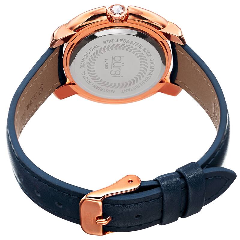 Burgi Women's Quartz Square-Cut Swarovski Crystals Leather Blue Strap Watch