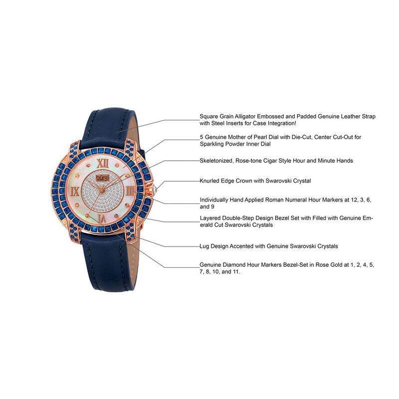 Burgi Women's Quartz Square-Cut Swarovski Crystals Leather Blue Strap Watch