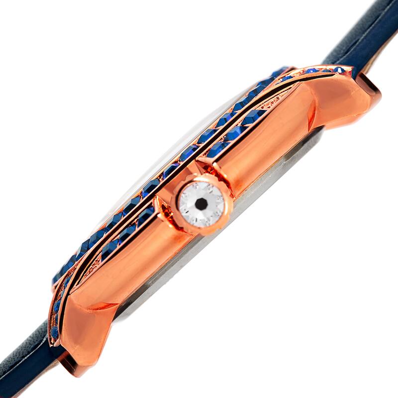 Burgi Women's Quartz Square-Cut Swarovski Crystals Leather Blue Strap Watch