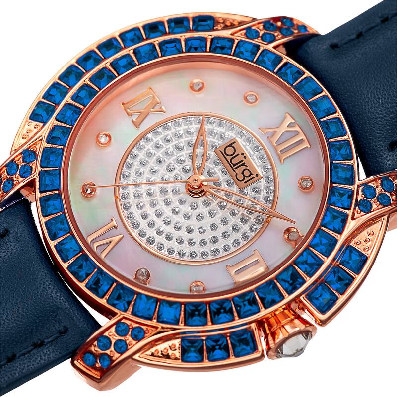 Burgi Women's Quartz Square-Cut Swarovski Crystals Leather Blue Strap Watch