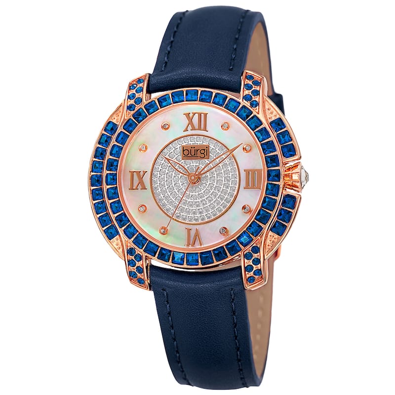 Burgi Women's Quartz Square-Cut Swarovski Crystals Leather Blue Strap Watch