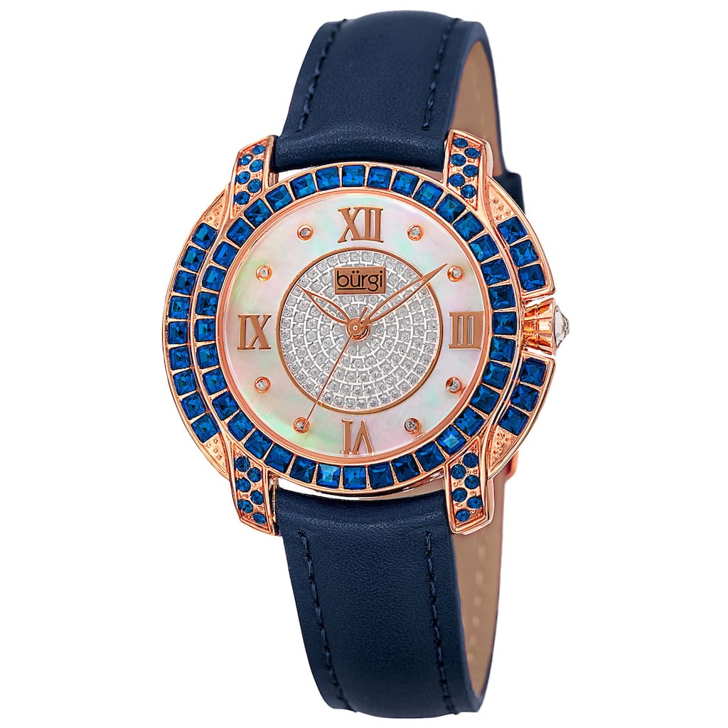 Burgi Women's Quartz Square-Cut Swarovski Crystals Leather Blue Strap Watch