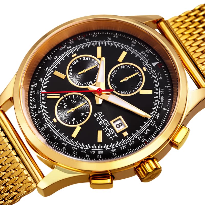August Steiner Men's Swiss Quartz Dual-Time Multifunction Stainless Steel Mesh Gold-Tone Bracelet Watch