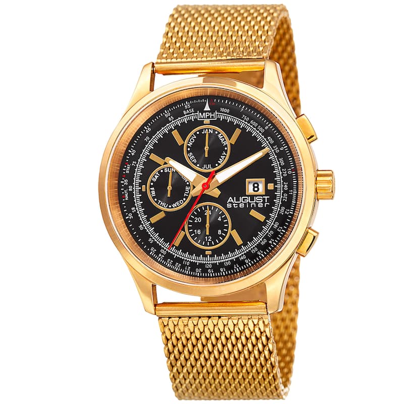 August Steiner Men's Swiss Quartz Dual-Time Multifunction Stainless Steel Mesh Gold-Tone Bracelet Watch