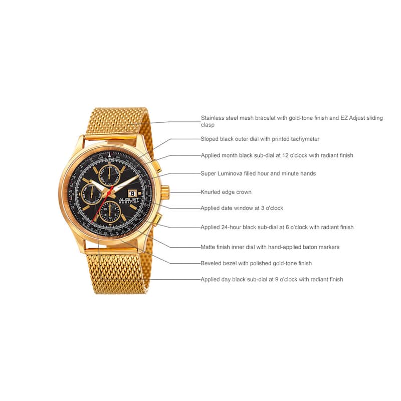 August Steiner Men's Swiss Quartz Dual-Time Multifunction Stainless Steel Mesh Gold-Tone Bracelet Watch