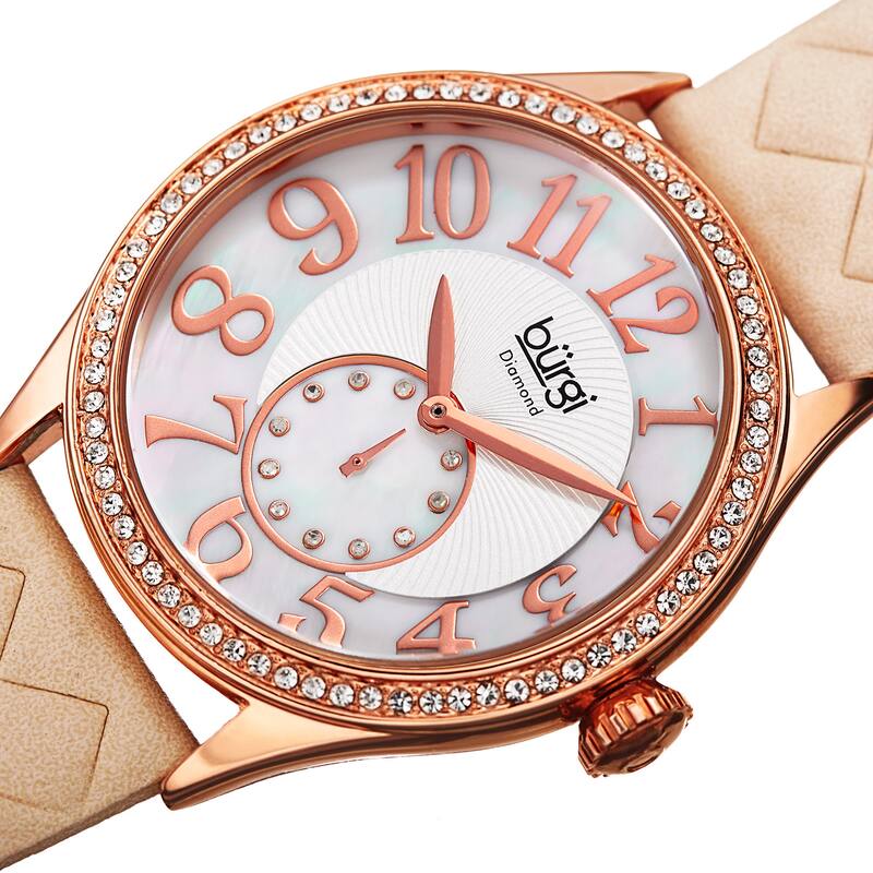 Burgi Women's Quartz Diamond Swarovski Crystal Leather Strap Watch - White