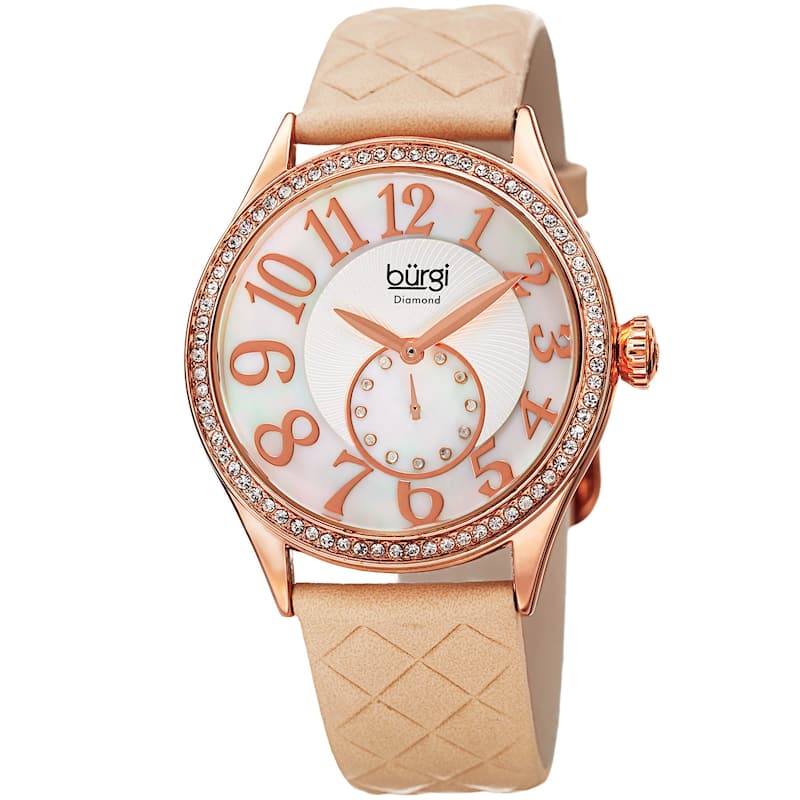 Burgi Women's Quartz Diamond Swarovski Crystal Leather Strap Watch - White