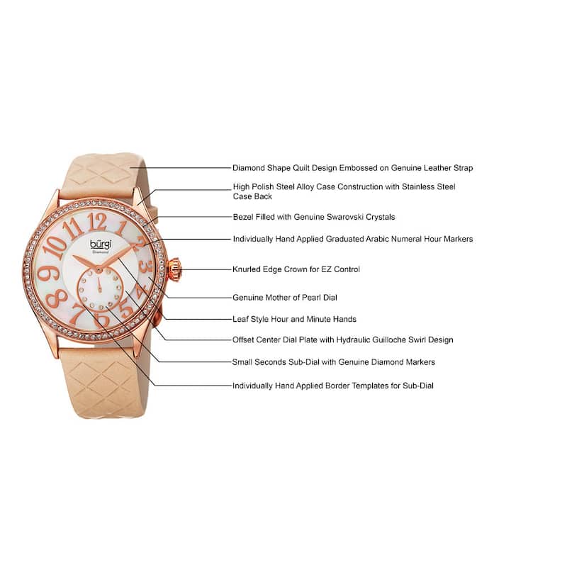 Burgi Women's Quartz Diamond Swarovski Crystal Leather Strap Watch - White
