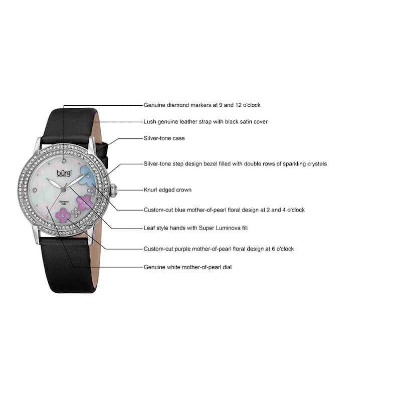 Burgi Women's Swiss Quartz Floral Swarovski Crystal Satin Silver-Tone Strap Watch - silver
