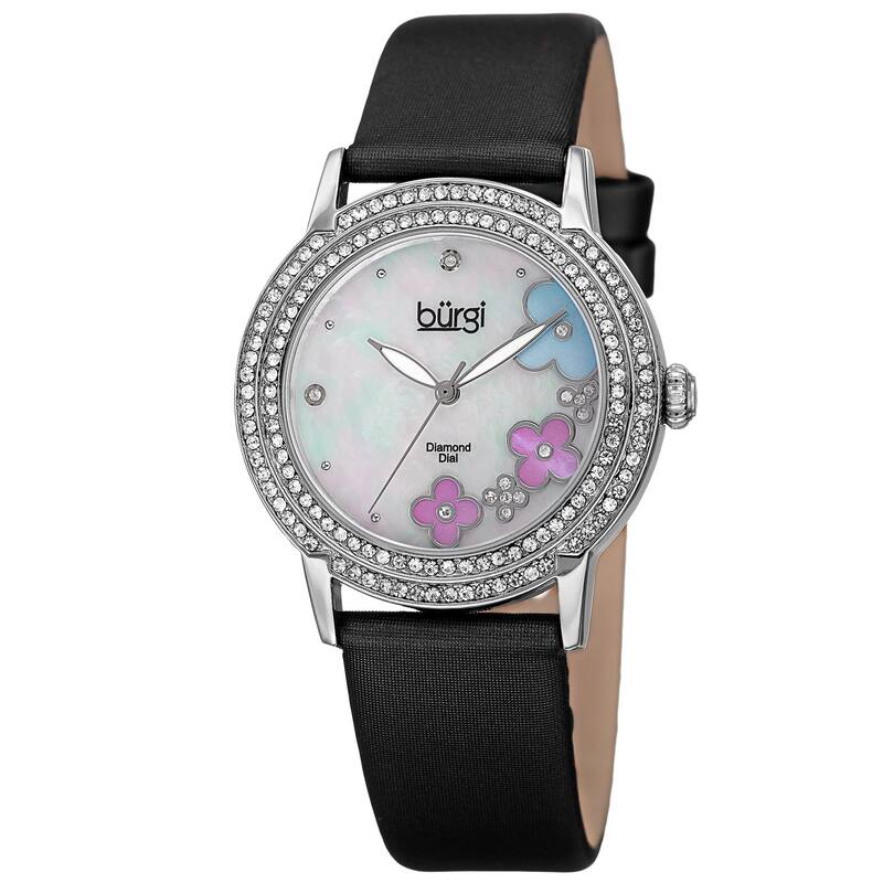 Burgi Women's Swiss Quartz Floral Swarovski Crystal Satin Silver-Tone Strap Watch - silver