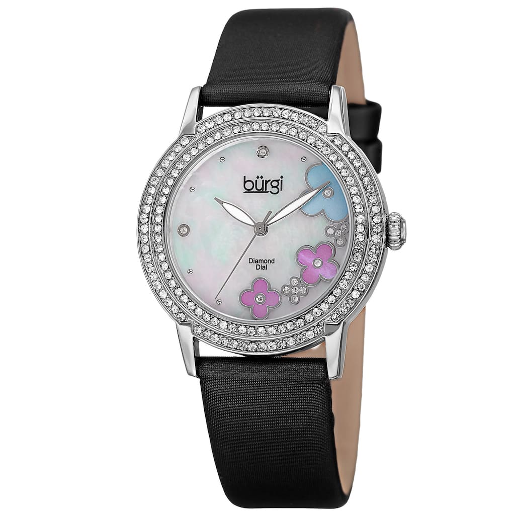 Burgi Women's Swiss Quartz Floral Swarovski Crystal Satin Silver-Tone Strap Watch - silver