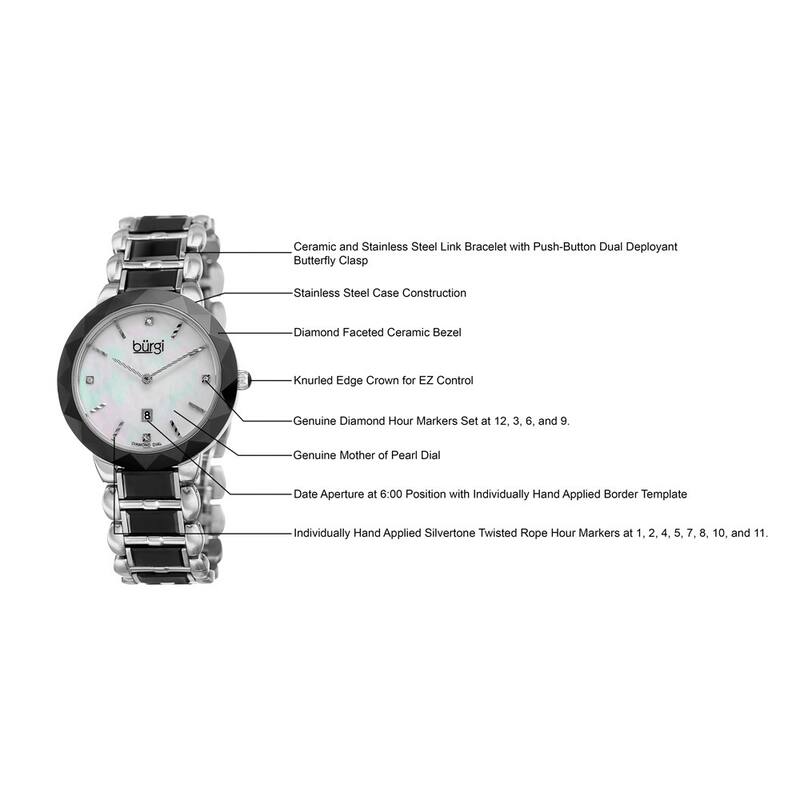 Burgi Women's Quartz Diamond Stainless Steel Black Bracelet Watch