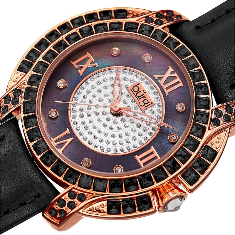 Burgi Women's Quartz Square-Cut Swarovski Crystals Leather Strap Watch - Black