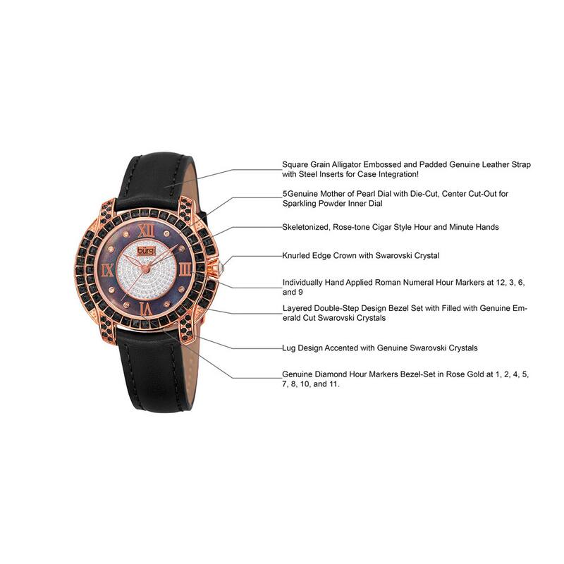 Burgi Women's Quartz Square-Cut Swarovski Crystals Leather Strap Watch