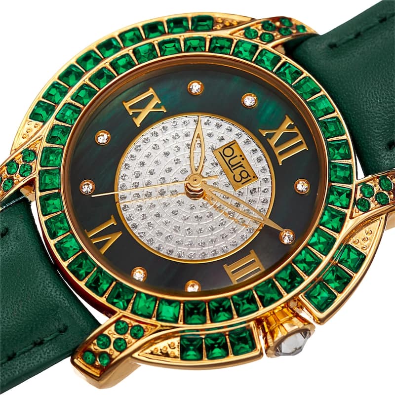 Burgi Women's Quartz Square-Cut Swarovski Crystals Leather Strap Watch - Green
