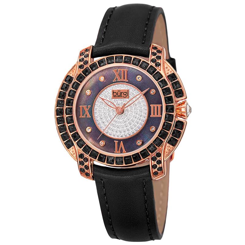 Burgi Women's Quartz Square-Cut Swarovski Crystals Leather Strap Watch