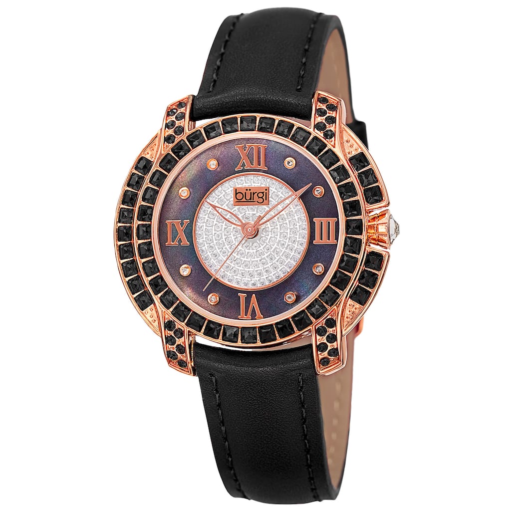 Burgi Women's Quartz Square-Cut Swarovski Crystals Leather Strap Watch