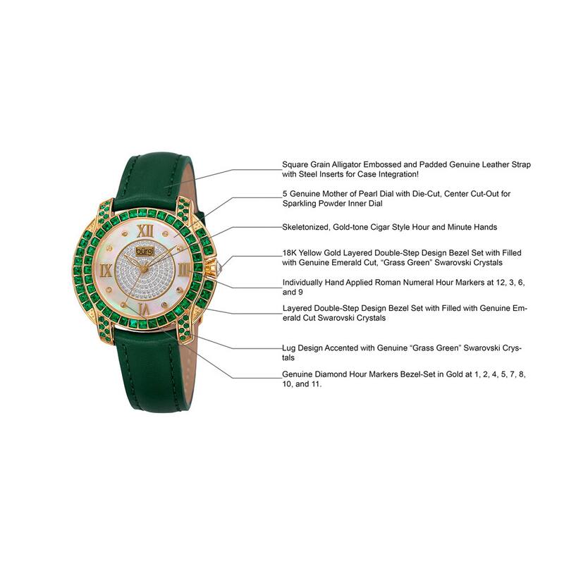 Burgi Women's Quartz Square-Cut Swarovski Crystals Leather Green Strap Watch
