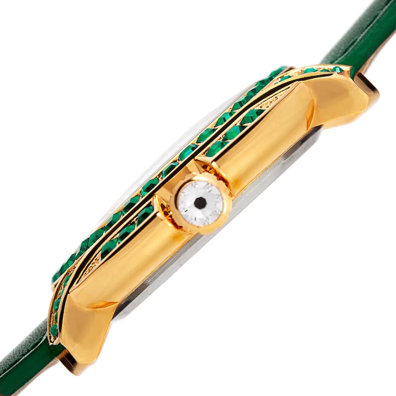 Burgi Women's Quartz Square-Cut Swarovski Crystals Leather Green Strap Watch