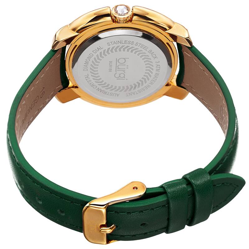 Burgi Women's Quartz Square-Cut Swarovski Crystals Leather Green Strap Watch